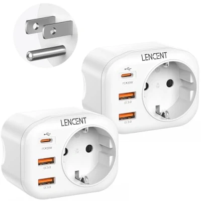 Bild av LENCENT 2 st Reseadapter Sverige/EU till USA Adapter, Typ B Travel Adapter Snabb Laddning Plug med USB QC3.0 + 1 C PD 20W, 4 i Socket Strömadapter för Amerika, Kanada, Mexiko Uttag