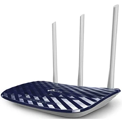 Bild av TP Link AC750 trådlös router med dubbla band, 5 100 Mbps portar, 1 USB port, på/av, enkel konfiguration (Archer C20)