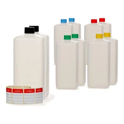 Bild av Octopus 10x 1000 ml plastflaskor, HDPE plastflaskor med färgglada skruvlås, tomma flaskor vita skruvlock, fyra kantflaskor inkl. märksetiketter