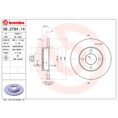 Bild av BREMBO 08.2794.14 Disque de frein 256 13 4 plein AUDI: 80 B3, 100 C3 Berline, 90 B3