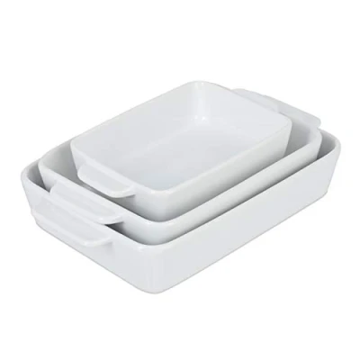 Bild av Relaxdays Grytform, set om 3, keramik, 3 storlekar, fyrkantig, lasagne, gratin, tramisu, diskmaskinssäker, ugnsform, vit