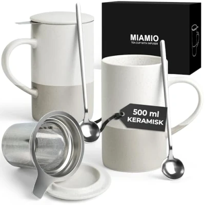 Bild av MIAMIO Tekoppsset 2 x 500 ml med infuser och lock/Keramisk tekopp sked för att brygga löste, presenter tedrickare Mikrovågs diskmaskinssäker (Grå)