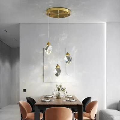 Bild av Modern kristallpendellampa, 3 färgad LED höjdjusterbar, gyllene tak, hängande lampa, för köksö, sovrum, vardagsrum, matsal (3 huvuden, rund bas)