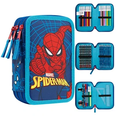 Bild av Marvel Pennafodral med brevpapper inkluderade skolmaterial fyllda stora pennfodral flera fack målarpennor pennpennor pojkar set gåvor till pojkar, En storlek, Spiderman Triple Zip