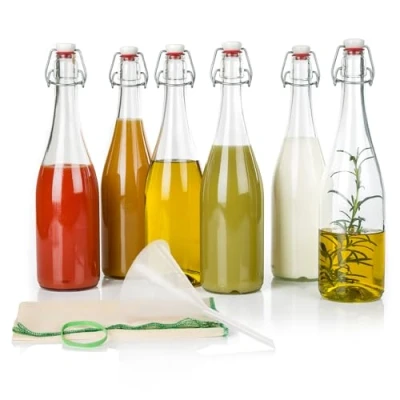 Bild av myFERMENTS Glasflaskor med pluggar Jäsningssats 6 flaskor 750 ml Mekaniskt lock, tjockt glas, porslinstätning För öl, kombucha, kefir Tratt 10 cm, tyg 50x50 cm Färg: transparent