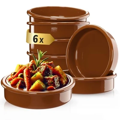 Bild av Uppsättning av 6 tapasskålar, cazuela grytor (diameter 11,5 cm) lera, brun glaserad, rustika serveringsskålar (175 ml)