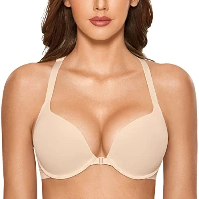 Bild av DOBREVA Dam Push Up Bh Racerback Front Stängning Bh:ar Plunge Bygel Tshirt Vadderad Spets Beige 75C