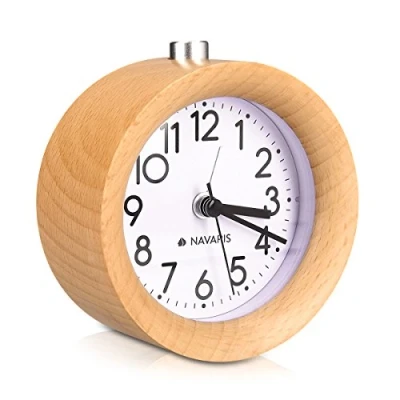 Bild av Navaris Analog trä väckarklocka med snooze Retro klocka urtavla ljus Tyst Vintage bordsur av utan att ticka Naturligt i ljusbrunt