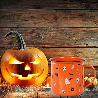 Bild av Läskig orange halloween tryck emalj mugg 99 cm x 13 (1 st.) Rolig design och järnmaterial perfekt för daglig användning