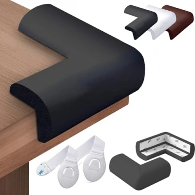 Bild av Happy Chlea® 20 x Kantskydd för Bebis, Hörnskydd Spädbarn i Gummi med Active Foam Technology, Mjuka Barn och 2 Lådlås Barn. Perfekt Skydd Sängar, Bord, Möbler (Svart)