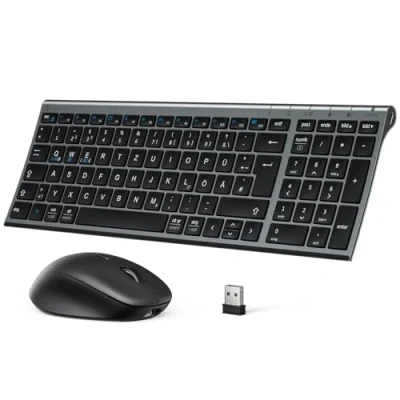Bild av iClever tangentbord mus set, trådlöst, Bluetooth med mus, uppladdningsbart dubbelläge (Bluetooth 5,0 + 2,4 G) trådlöst för PC/laptop, QWERTZ layout, svart och grå