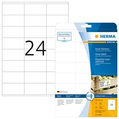 Bild av HERMA 10905 power etiketter A4 (70 x 36 mm, 25 ark, papper, matt) självhäftande, utskrivbara, extremt stark häftande universella etiketter, 600 klistermärken, vit