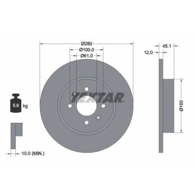 Bild av TEXTAR PRO 92181203 Disque de frein 280 12 04/06 100 plein revêtu sans boulon fix roue, moyeu roue RENAULT: Kangoo I, I Express