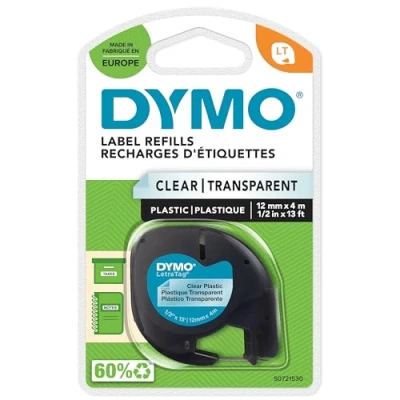 Bild av DYMO LetraTag plastetiketter Originaletiketter Rulle på 12 mm x 4 m Svart text genomskinliga etiketter Självhäftande för flera syften etikettskrivare