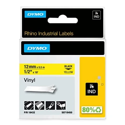 Bild av DYMO Rhino industriella vinyletiketter 12 mm x 5,5 m svart på gul självhäftande för och LabelManager märkningsenhet