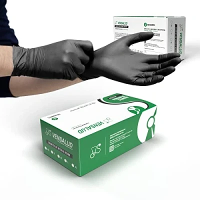 Bild av VENSALUD NITRILE engångshandskar Dammfri Motståndskraftig För laboratorier, sanitära, kök, tatueringsstudior, veterinär, rengöring, undersökning Latex Gratis 100 st. Svart Storlek M