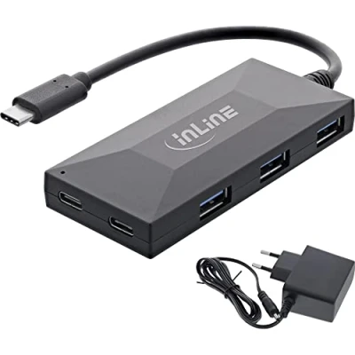 Bild av InLine® USB 3.2 Gen 1 OTG hub, Type C till 3 portar Typ A och 2 Port C, med 3A strömförsörjning, svart