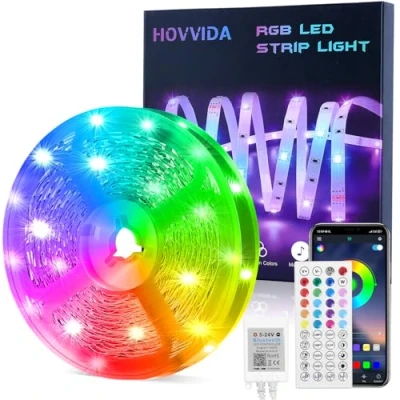 Bild av HOVVIDA LED remsa 15 m, 1 rulle, 30 lysdioder/meter, RGB 5050 remsor, 450 LED, app och fjärrkontroll, musikläge, timing läge, för rum, vardagsrum, kök, sovrum, bar, fest