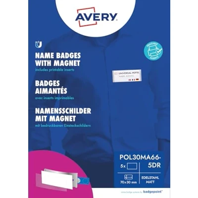 Bild av Badgepoint polar30 namnskyltar (70 x 30 mm, 5 skyltar med magnet, vridsäker, tryckark för namnkort och mallar tryck, magnetiska kläder) matt rostfritt stål