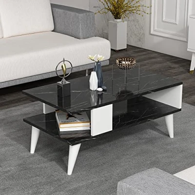 Bild av [en.casa] Soffbord, Lycksele, sidobord, vardagsrumsbord med förvaringsutrymme, rektangulärt, svart marmorutseende, vitt nedre hylla, soffbord