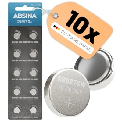 Bild av ABSINA SR 927 SW klockor knappcell 1,55 V silveroxid 10 pack klockbatteri 395/399/AG7/LR927 SR927SW läckagesäker och lång hållbarhet SR927SW, 395
