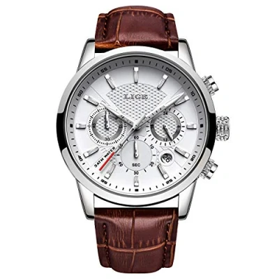 Bild av LIGE herrklocka mode vattentät analog kvarts sport casual klocka brunt läderband datum/kalender affärsklockor ..., Vitbrun, model 3, bälte