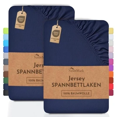 Bild av NatureMark 2 pack dra på lakan i jersey till barnsäng, formsydda lakan, 100% bomull, finns många storlekar och färger. Märkeskvalitet Oeko Tex Standard 100 70 x 140 cm marinblå