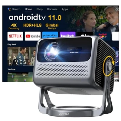 Bild av ULTIMEA Projektor 4K stöd Android TV 11.0 med Netflix, bärbar utomhusprojektor 90 kardans fristående design, 600 ANSI lumen, Dolby Audio, 5G WiFi Bluetooth 5.3 smart projektor, Nova C40
