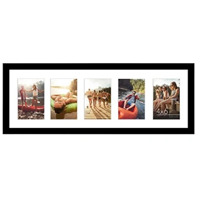 Bild av Americanflat 8 x 24 panorama bildram i svart fem 6 4 fotoramsöppningar multibländarcollage med horisontellt och vertikalt format för vägg bord