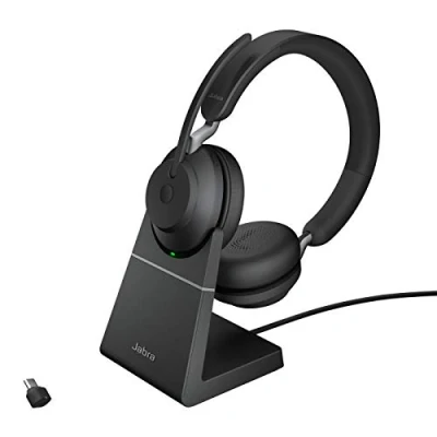 Bild av Jabra Evolve2 65 trådlöst headset med laddningsstation Bullerdämpande UC certifierade stereohörlurar lång batteritid USB C Bluetooth adapter svart