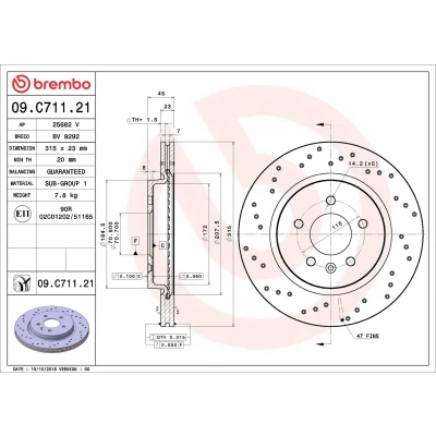 Bild av BREMBO 09.C711.21 Disque de frein 315 23 5 percé/revêtement int. revêtu OPEL: Astra J GTC, portes, Sports Tourer