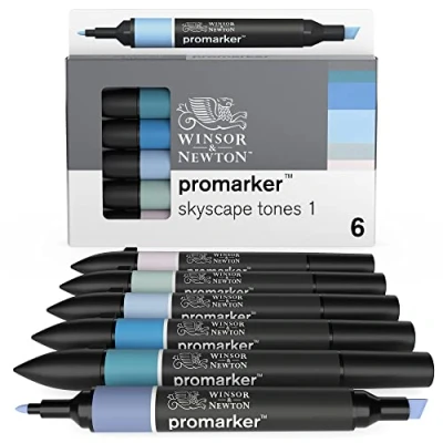 Bild av Winsor &amp; Newton 0290118 ProMarker, professionell layoutmärkpenna 2 spetsar, fin och bred för ritningar, design layouter set med 6 färger himmel