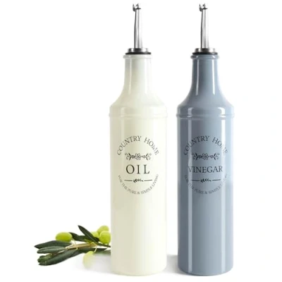 Bild av COM FOUR® 2 delad flasksats för olja och vinäger färgade glasflaskor med pip, flik ventilationsrör i rostfritt stål oljedispenser (2 delar flaskor)