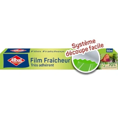 Bild av ALBAL rullar färskhet film 50M, 70 % återvunna resurser, lätt att skära, ergonomisk låda, mycket vidhäftande, praktiskt primersystem, 32,5 cm