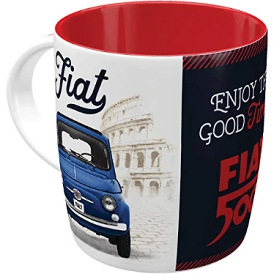 Bild av Nostalgic Art Kaffemugg i retrostil, Fiat 500 Enjoy The Good Times Presentidé för bilälskare, av keramik, vintagedesign med ordspråk, 330 ml