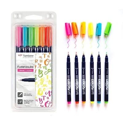 Bild av Tombow WS BH 6P pensel penna Fudenosuke neon set om 6, hård spets, rosa, gul, grön, orange, röd, blå