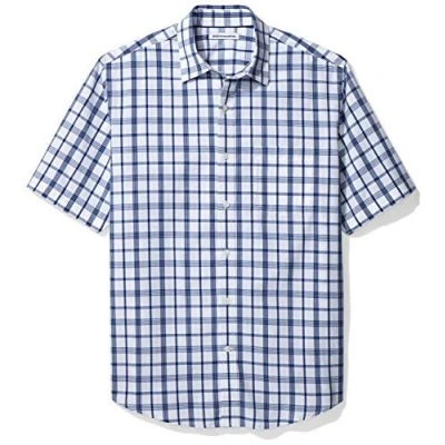 Bild av Amazon Essentials Men&#039;s Kortärmad poplinskjorta med normal passform, Mörkblå Vit Rutig, XL