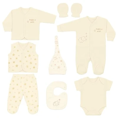 Bild av Blue Eyes nyfödd baby presentset unisex 8 delar första kläder &amp; babyutrustning 100 % naturlig OEKO‑TEX® bomull spädbarn 04 månader gåva babyshower (Stjärna crème)