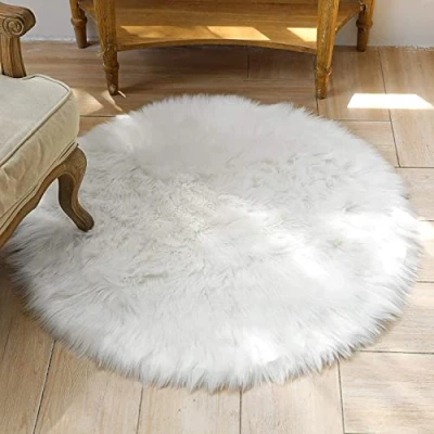 Bild av HEQUN Cirkulär matta i fuskplysch, stolskydd, fuskpälsmattor, fuskpäls, fluffiga halkfria mattor för sovrum, soffa, golv (vit, 60 x cm)
