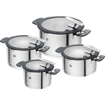 Bild av ZWILLING Simplify Edelstahl Kochtopfset, 4 teilig, Mit integriertem Sieb im Deckel, Induktionsgeeignet, Silber Schwarz
