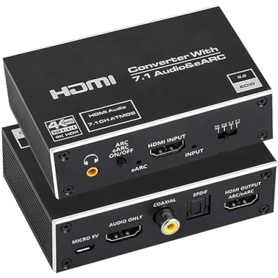 Bild av NÖRDIC HDMI Extractor 4K60Hz till HDMI+Optisk Toslink+Coaxial+3.5mm Audio+7.1CH Stöd för eARC/ARC HDR Dolby ATMOS