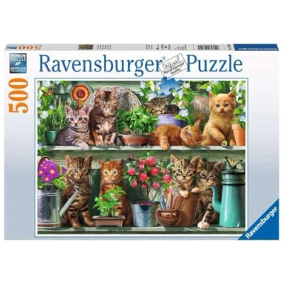 Bild av Ravensburger pussel 14824 katter på hyllan 500 bitar för vuxna och barn från 10 år, djurpussel med kattmotiv