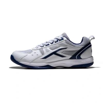 Bild av HUNDRED Raze Non Marking Professional Badminton Shoes for Men Material: Faux Leather Suitable Indoor Tennis, Squash, Table Basketball &amp; Padel (White/Navy, Size: EU 42, UK 8, US 9)