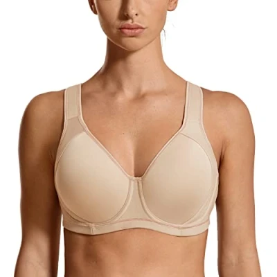 Bild av SYROKAN Coolmax High Impact Sport BH:ar för kvinnor Byggar Full Figur Running Workout Beige 80F