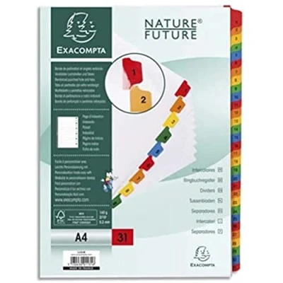Bild av Exacompta Ref 1131E Kartongregister 1 31 för DIN A4 av kartong stycken fullhöjd 21 x 29,7 cm vit, färgade förstärkta flikar med index sidfördelare filregister