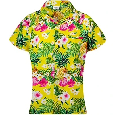 Bild av King Kameha Funky Hawaii blus/ skjorta för damer, kortärmad, frontficka, tryck, ananas, palmer och blommor, L