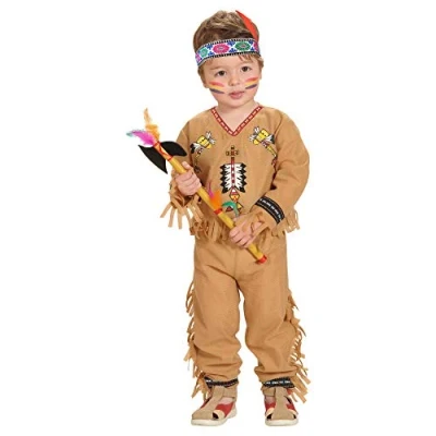 Bild av Widmann Barnkostym, indianer, topp, byxor, bälte, pannband med fjädrar, vilda västar, karneval, temafest