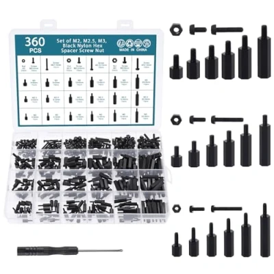 Bild av HSeaMall 360 st M2 M2,5 M3 nylon svart hex spacer skruv mutter standoff tillbehör sortiment kit hane till hona