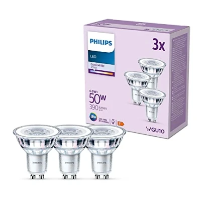 Bild av Philips LED Classic spotlight multipack: 4,6W (50W), GU10, Kallvitt 4000 Kelvin, Klart glas, 390 lumen, Ej dimbar, 15000 timmar livslängd, 3 pack