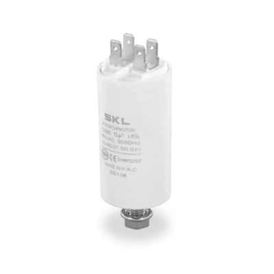 Bild av DEKAROX Universell kondensator 10 µF 450 V Ø 30 x 57 mm med 6,3 AMP uttag, monteringsskruv M8, CBB60, motorstart och löpkondensator för elektriska hushållsapparater